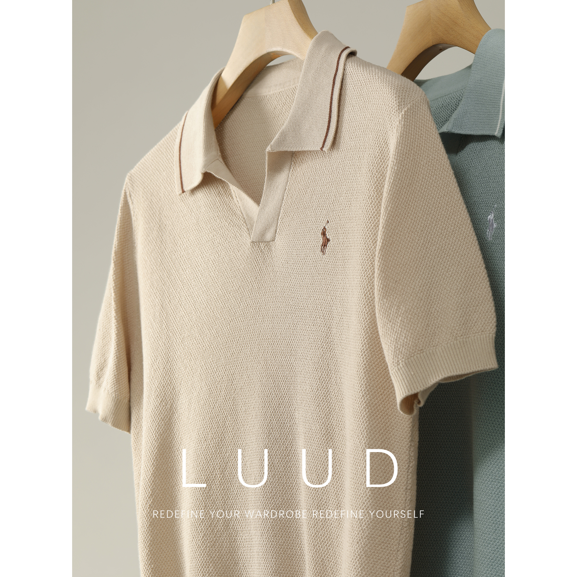 LUUD 简约轻奢精梳棉立体蜂巢纹针织POLO衫撞色刺绣海鸥领短袖男