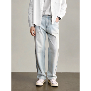 男斜纹肌理休闲直筒长裤 LUUD Cleanfit极简风水洗浅蓝漂白牛仔裤
