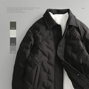 LUUD 男士翻领高级感黑色羽绒服麦穗纹理单排扣百搭保暖休闲外套