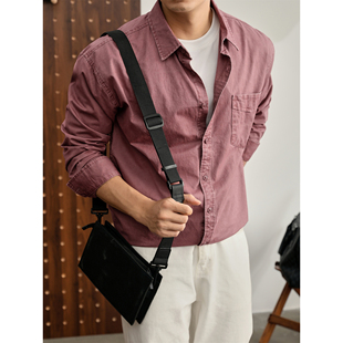 男时尚 LUUD 衬衫 极简红色雅绅长袖 潮流翻领外搭衬衣 100%纯棉男士