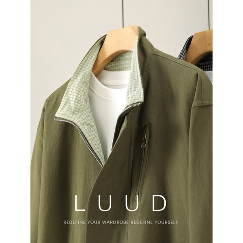 LUUD 格纹内里拼接立领男士工装夹克双门襟辑明线大口袋帆布外套
