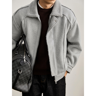 LUUD 羊羔绒内里加绒加厚夹克绵羊毛混纺毛绒肌理毛呢外套 男冬季