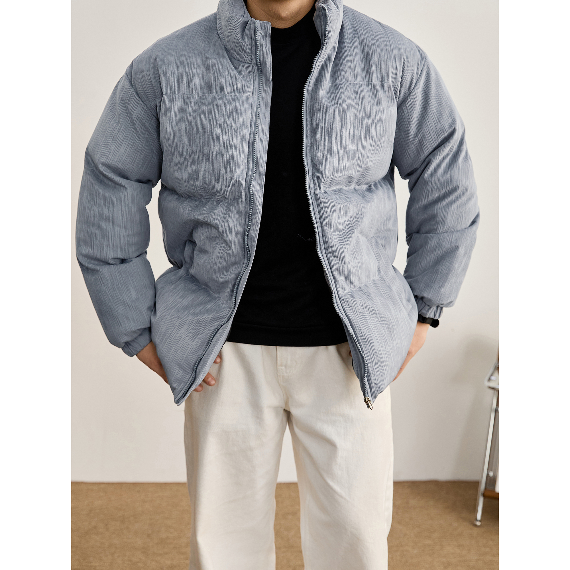 LUUD 清冷雅致蓝竖绒条肌理棉衣外套纯色高蓬松加厚夹棉面包服男