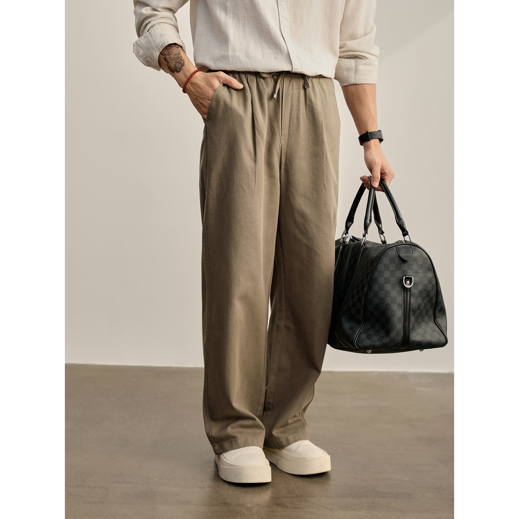 LUUD 日系复古松弛皱感山本裤天丝莱赛尔松紧腰抽绳阔腿直筒长裤