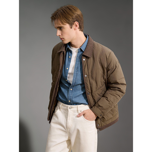 LUUD 男冬灯芯绒拼接翻领羽绒服轻盈保暖90白鸭绒压纹面包服外套