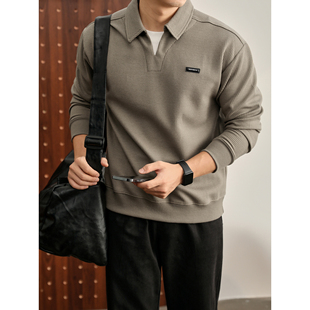LUUD 撞色假两件双层领口华夫格肌理卫衣男小皮标翻领深V长袖上衣