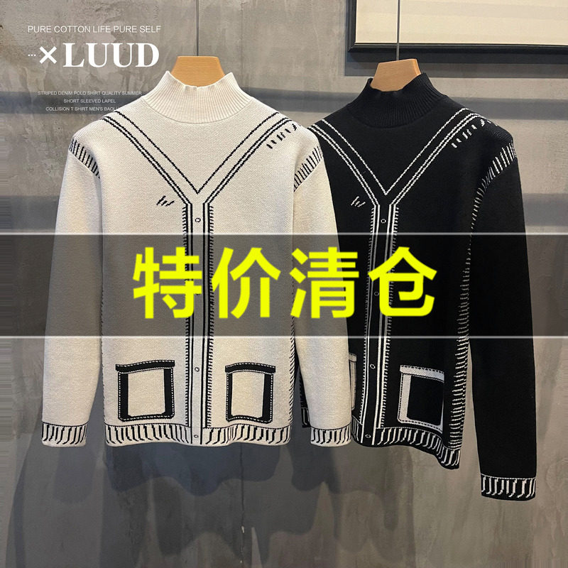 特价 高弹包芯纱半高领针织衫原创假开衫提花毛衣修身款潮男上衣