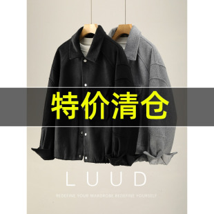 特价 绵羊毛混纺翻盖挖袋保暖毛呢外套男短宽拼接翻领磨毛夹克冬