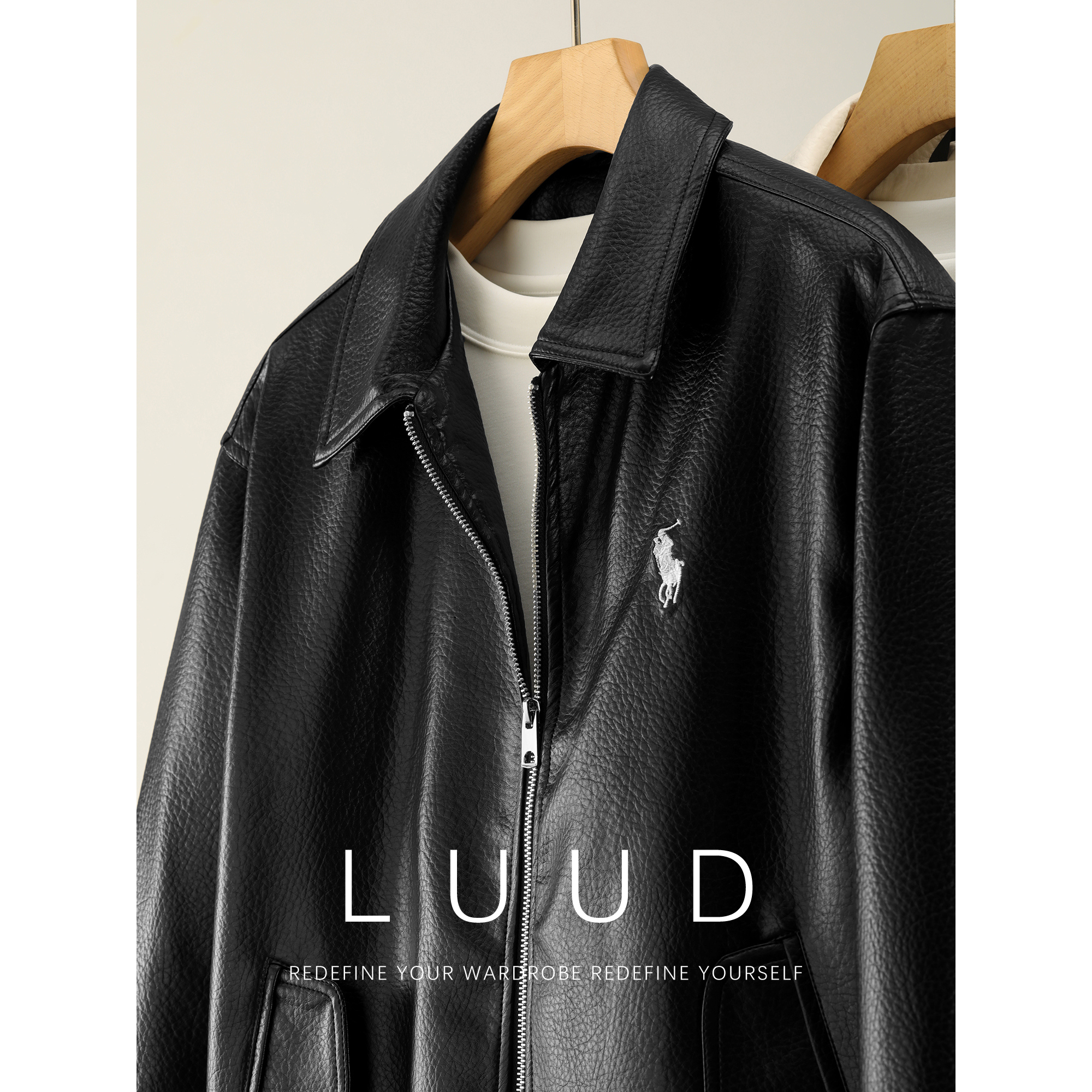 LUUD 骑士刺绣内层夹棉翻领PU皮衣男士荔枝纹理潮流百搭夹克外套