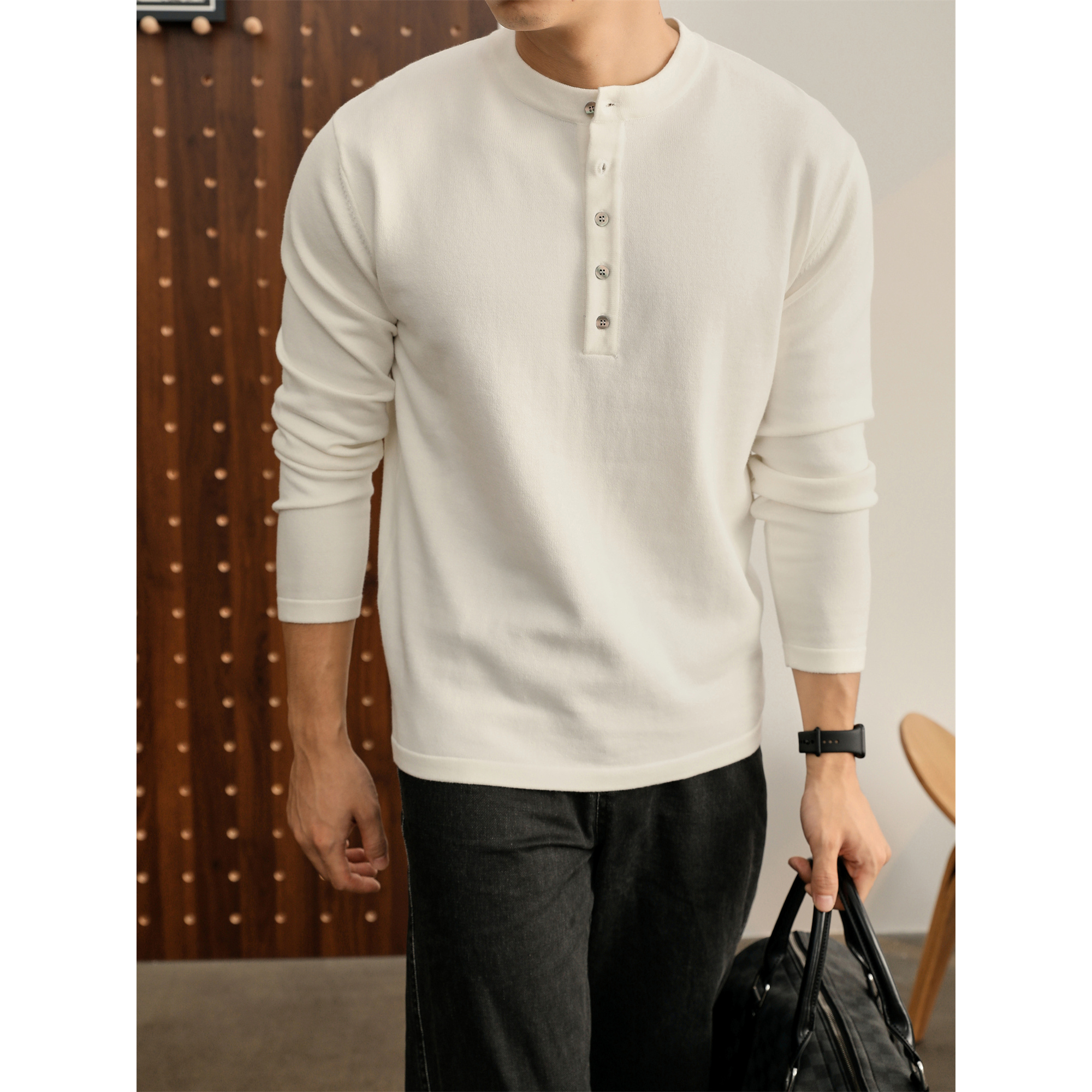 LUUD 简约休闲亨利领长袖T恤男士通勤百搭修身棉质单穿针织衫秋季