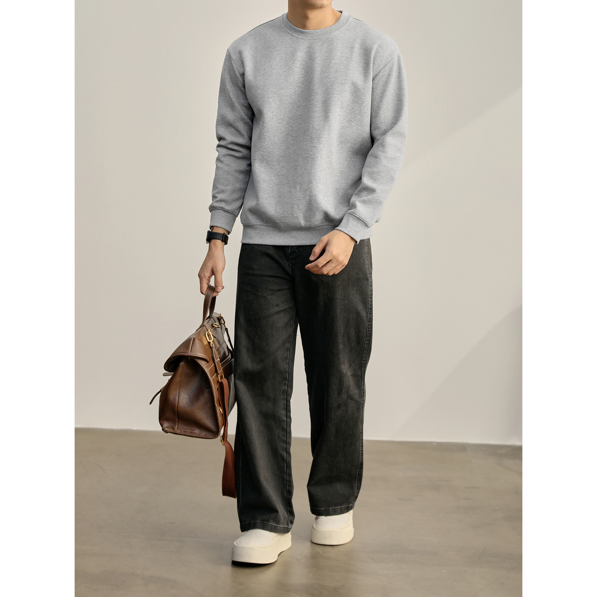 LUUD 绅士韩风纯色套头卫衣男极简休闲风内搭长袖圆领落肩T恤上衣