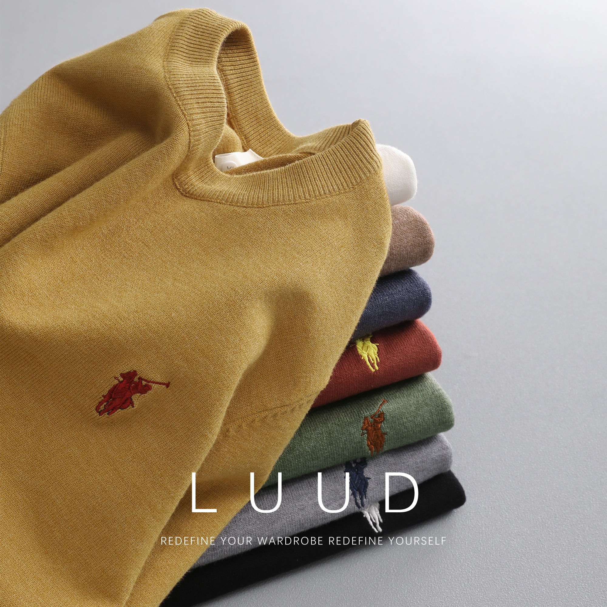 LUUD 保罗骑士刺绣毛衣男款冬季净色圆领针织衫高级感内搭打底衫