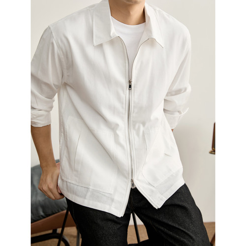 LUUD 简约净纯色亚麻混纺休闲衬衫外套男立体贴袋双拉链翻领夹克