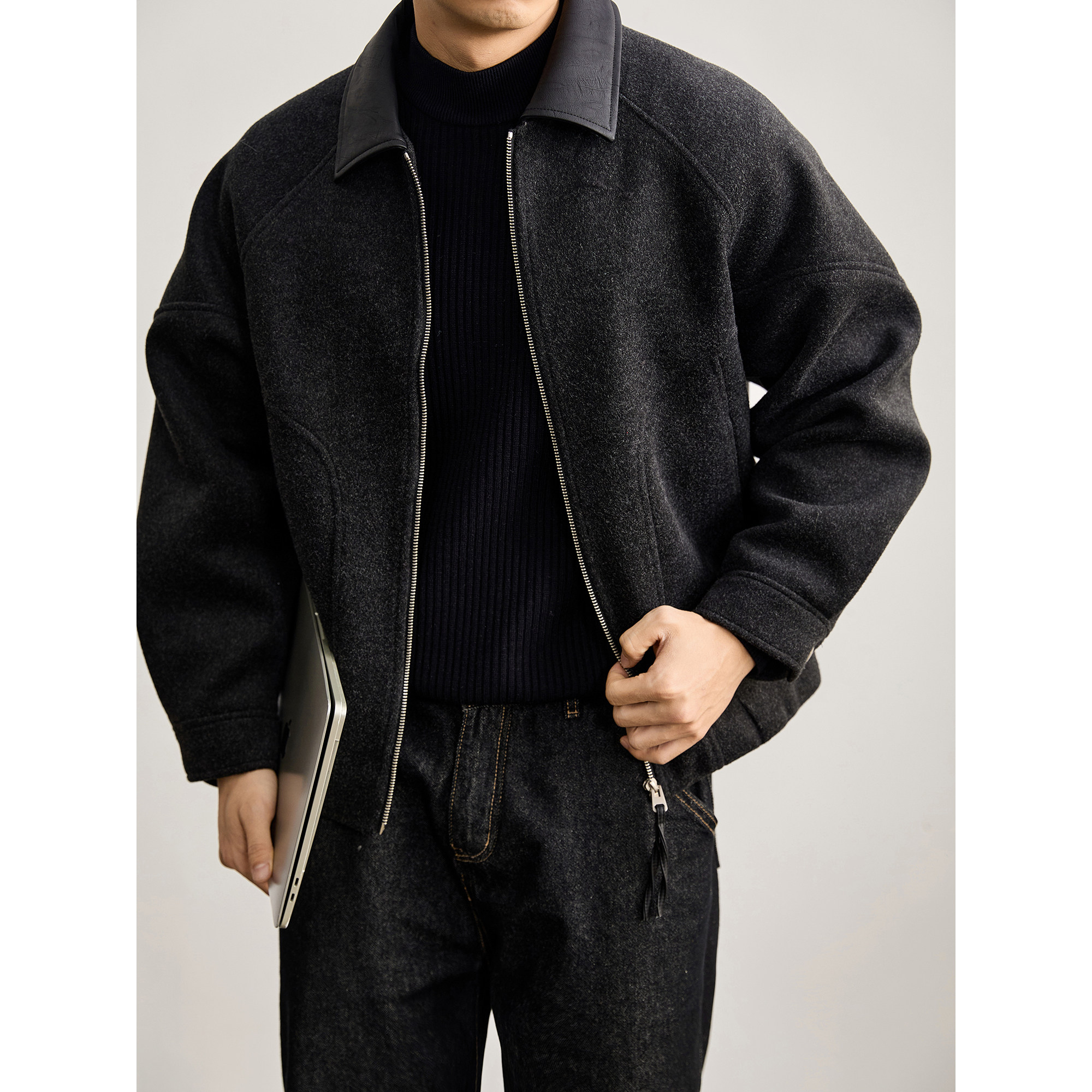 LUUD 羊毛混纺皮质翻领拼接毛呢夹克男冬季磨毛肌理短宽廓形外套