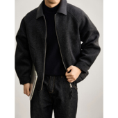 LUUD 羊毛混纺皮质翻领拼接毛呢夹克男冬季 磨毛肌理短宽廓形外套