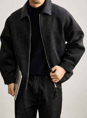 LUUD 羊毛混纺皮质翻领拼接毛呢夹克男冬季磨毛肌理短宽廓形外套
