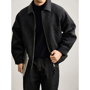LUUD 磨毛肌理短宽廓形外套 羊毛混纺皮质翻领拼接毛呢夹克男冬季