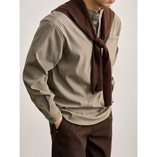 单袋贴布抗皱免烫长袖 LUUD 男春季 立领半开襟条纹衬衫 衬衣 新中式