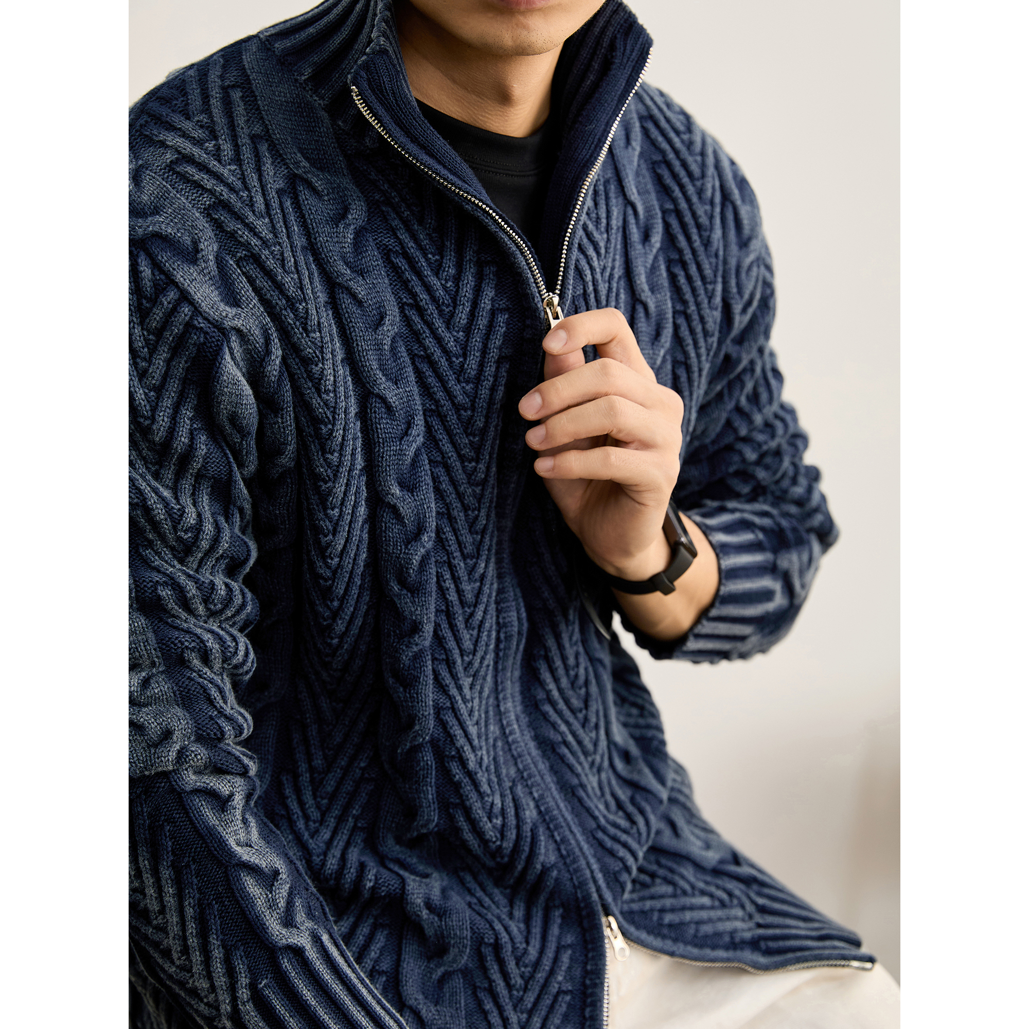 LUUD 重磅100%纯棉立体肌理针织开衫男冬渐染水磨抗起球毛衣外套