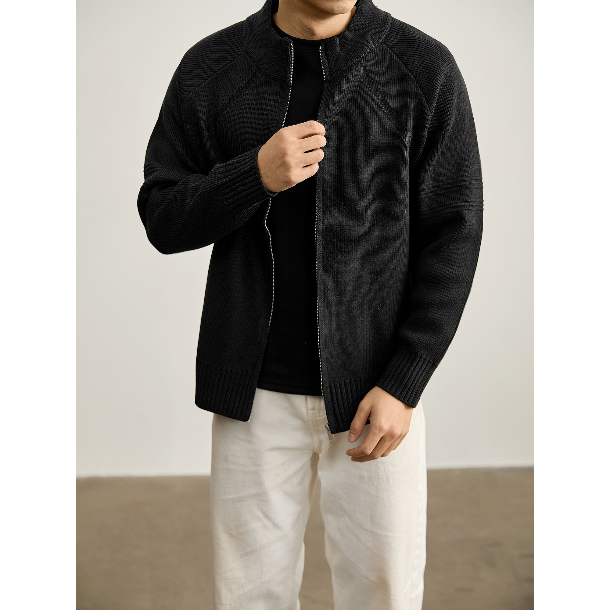 LUUD 坑条肌插肩袖立领针织开衫男冬高克重930g保暖亲肤毛衣外套