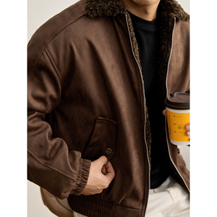 LUUD 男冬皮毛一体两面穿夹克外套麂皮绒拼料羊羔绒保暖翻领皮衣