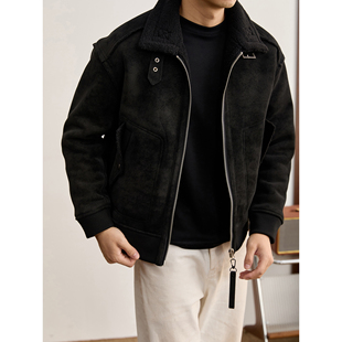 LUUD 皮毛一体羊羔绒内里麂皮绒外套男冬保暖可调节绑带领口夹克