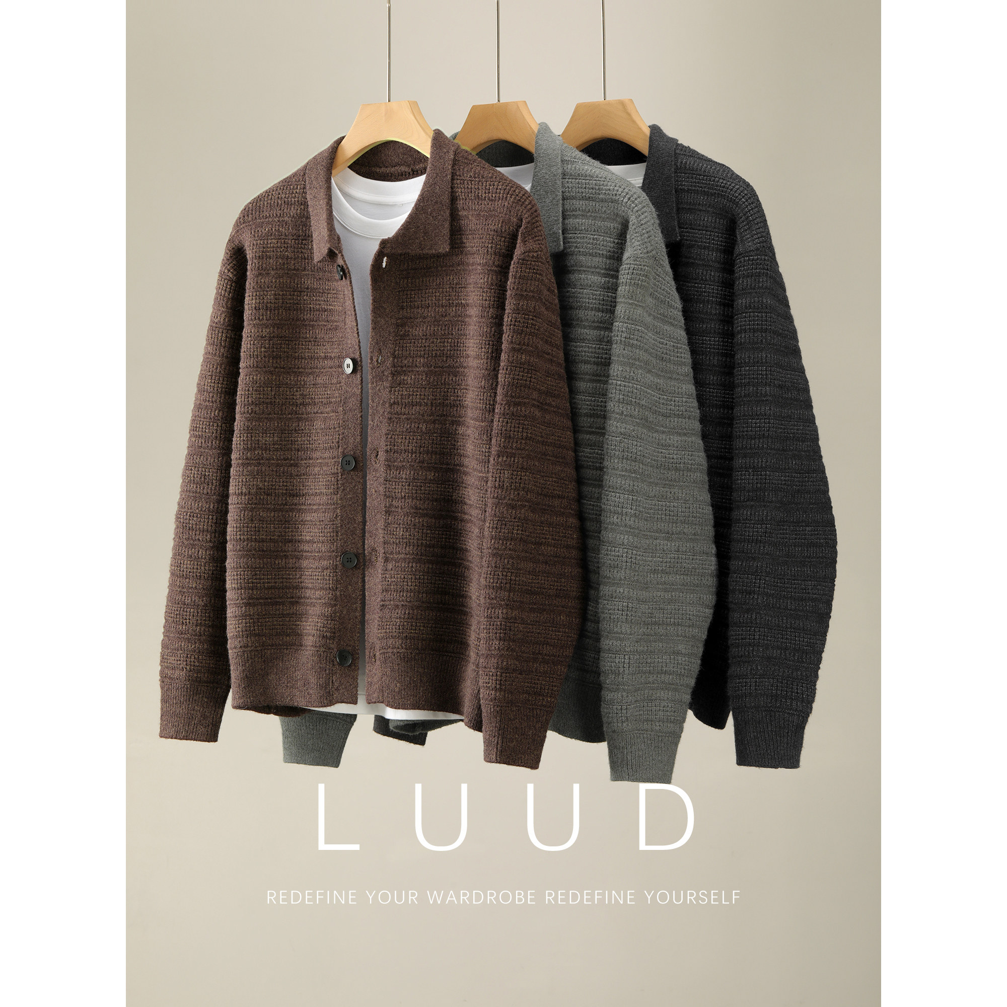 LUUD 重磅880g加厚保暖冬季针织开衫男立体提花纯色翻领毛衣外套,男装,针织衫/毛衣,淘宝优惠券,粉丝福利购,淘宝优惠卷