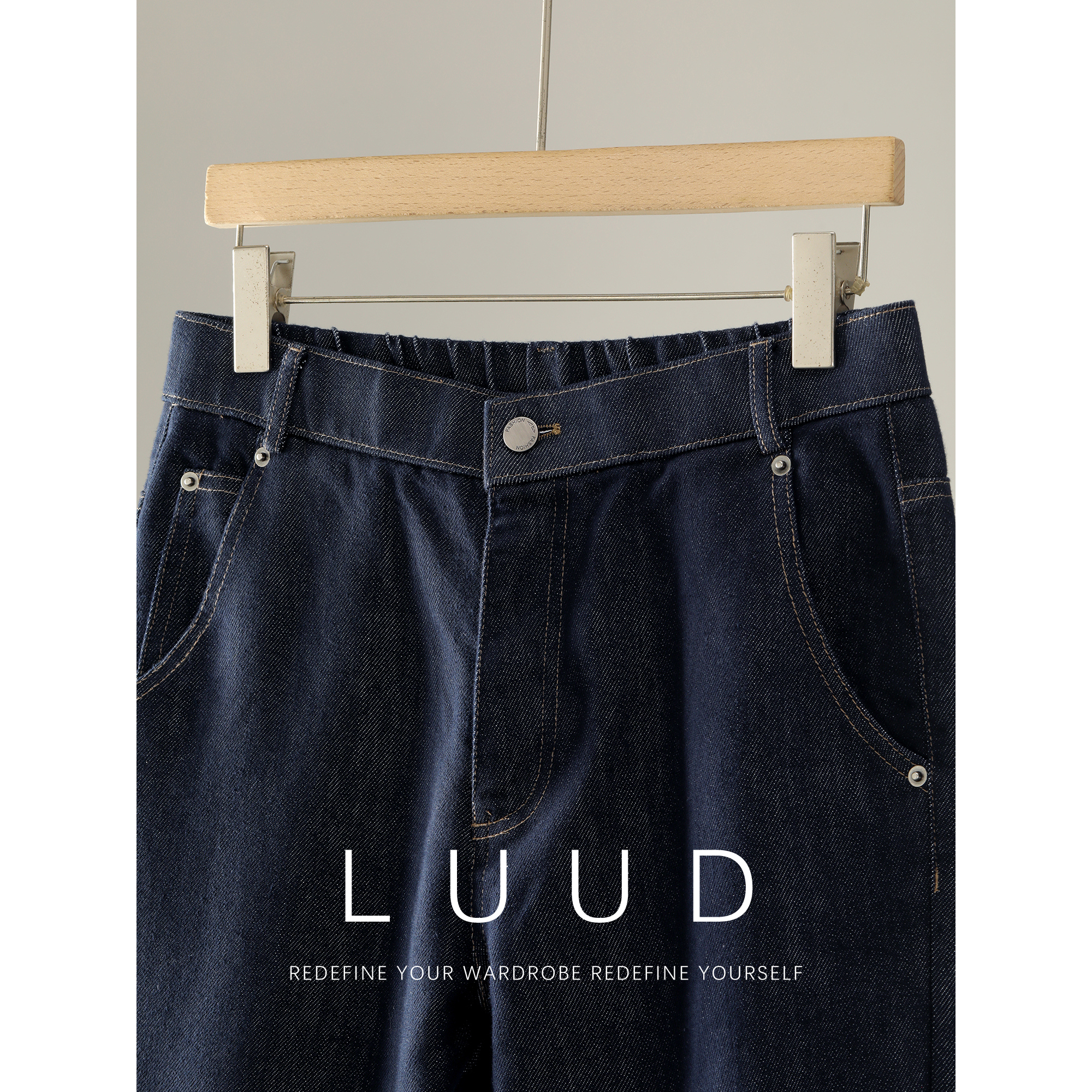 LUUD 莱赛尔辑明线金属铆钉牛仔直筒长裤男水洗棉半松紧腰休闲裤