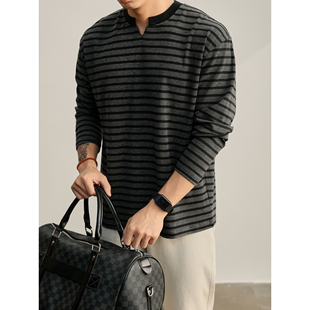 重磅280g撞色小V领长袖 宽松韩版 男 复古慵懒风条纹T恤针织衫 LUUD