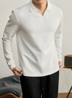 LUUD 白色休闲款式长袖卫衣男士秋季轻奢极简风V型开口POLO领T恤