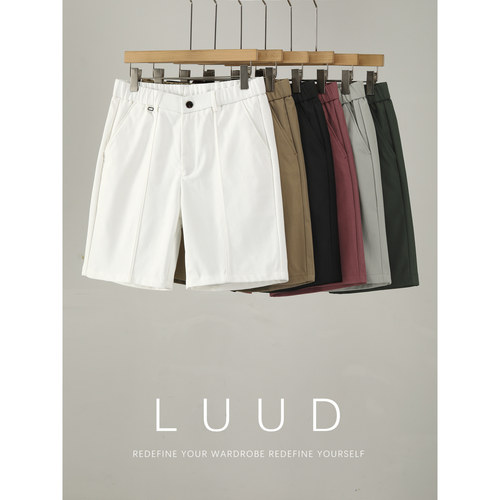 LUUD 夏季斜纹肌理直筒小西裤简约百搭中裤半松紧腰五分短裤男士