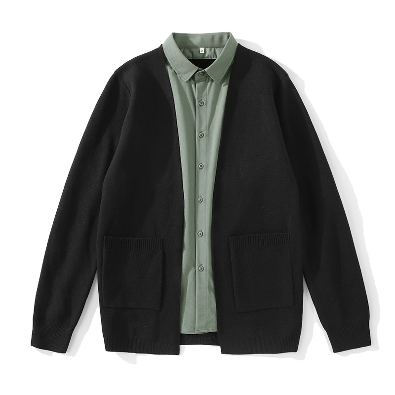 LUUD MENS FAKE TWO-PIECE CASUAL KNIT CARDIGAN FASHION LAPEL PANEL ENGLISH TOP SLIM FIT SHIRT SWEATER