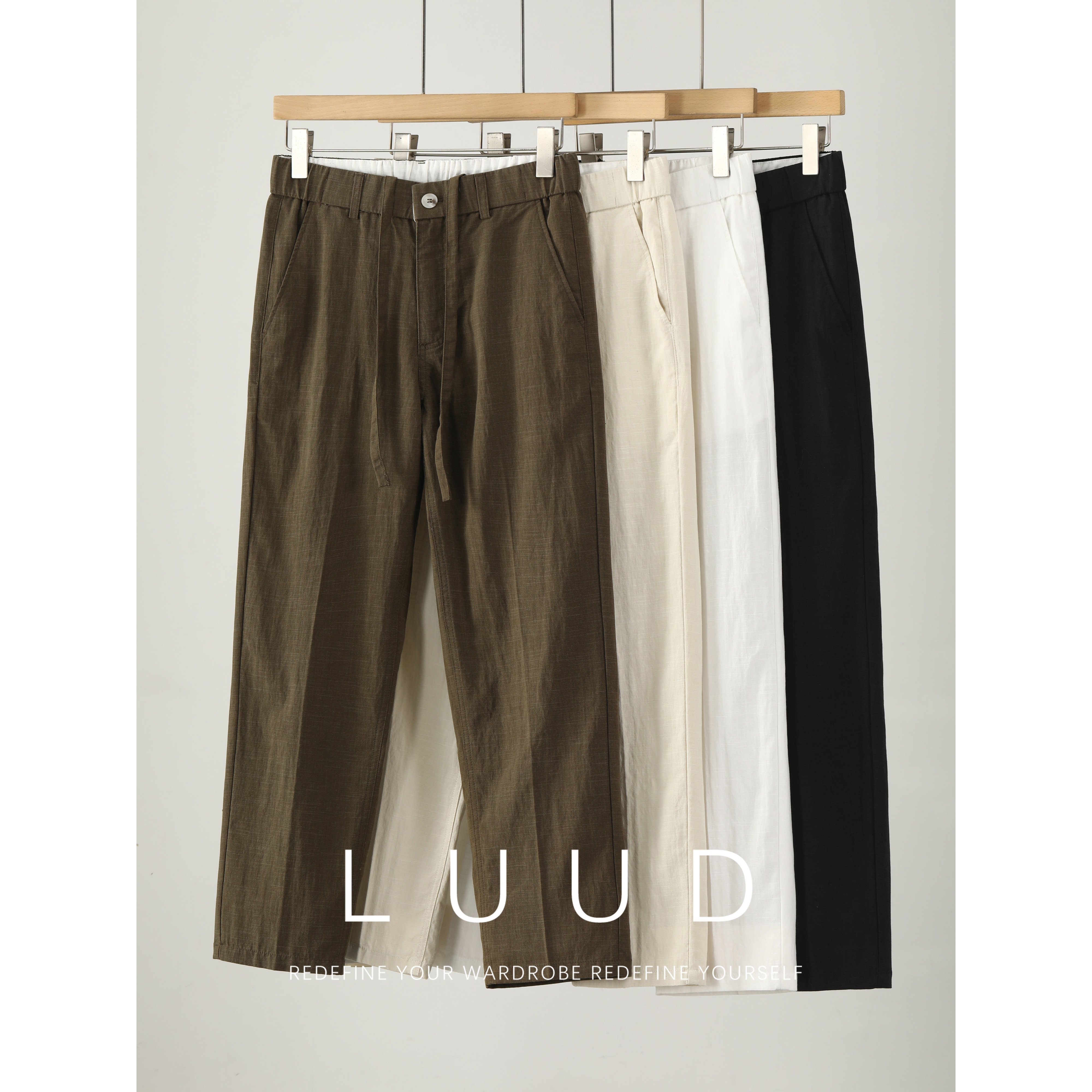 LUUD 透气亲肤天丝莱赛尔亚麻直筒裤内里抽绳松紧腰休闲长裤男夏