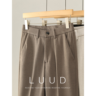 LUUD 都市通勤男士手工烫褶小直筒磨毛长裤字母刺绣点缀毛呢西裤