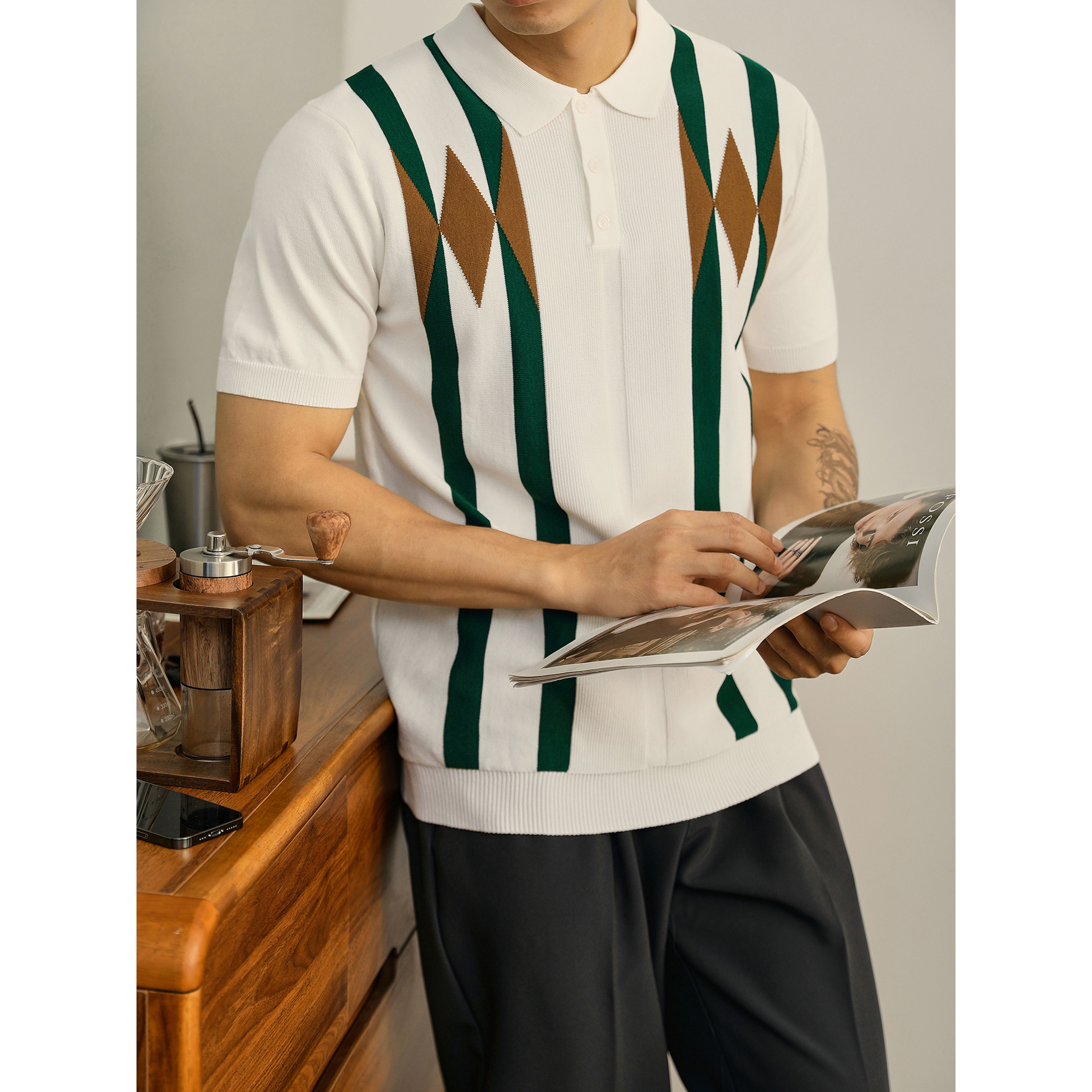 LUUD 男夏季雅奢老钱风针织POLO衫轻熟感修身菱形格针织翻领短袖