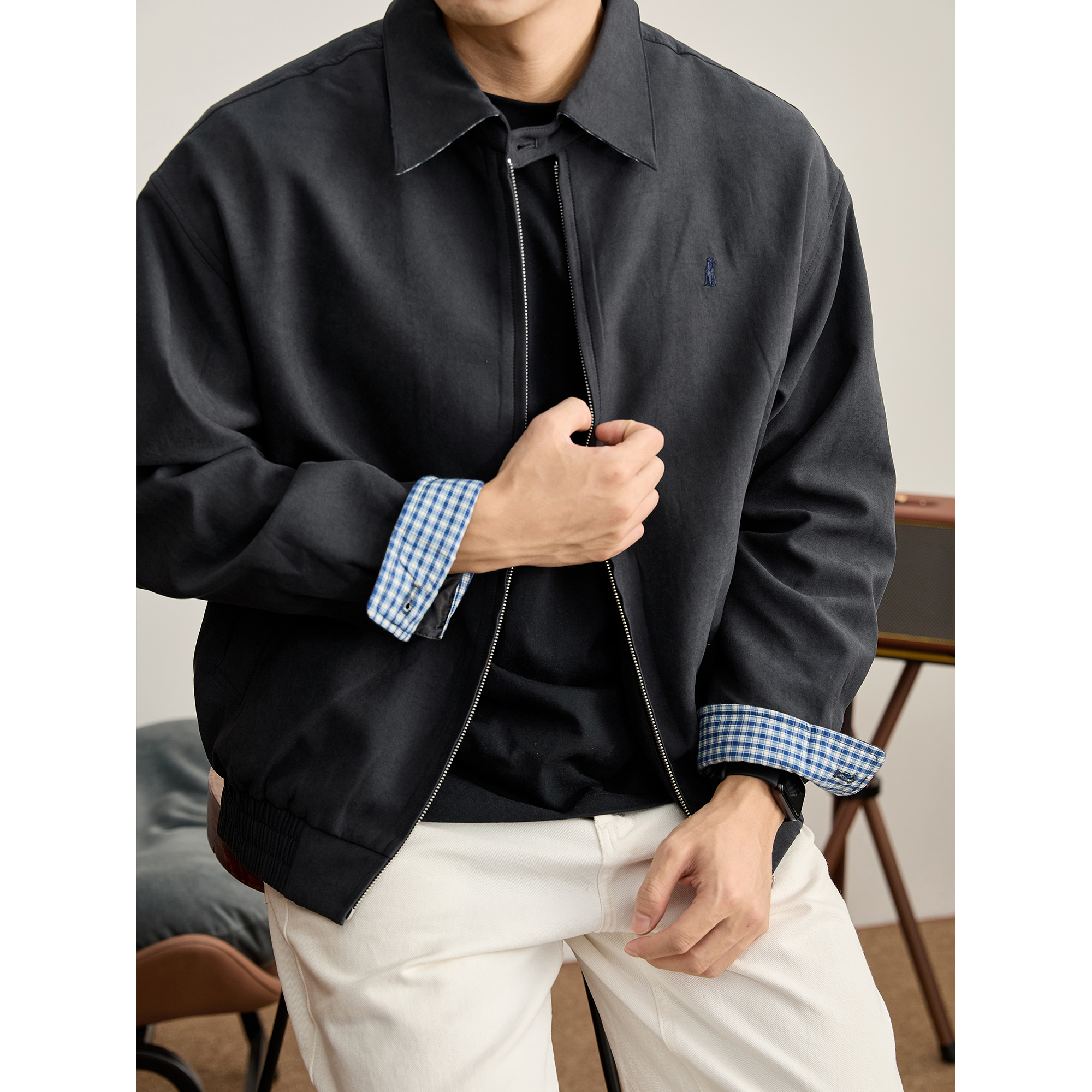 LUUD 简约轻熟刺绣点缀翻领棉感夹克通勤格子拼接休闲拉链外套男