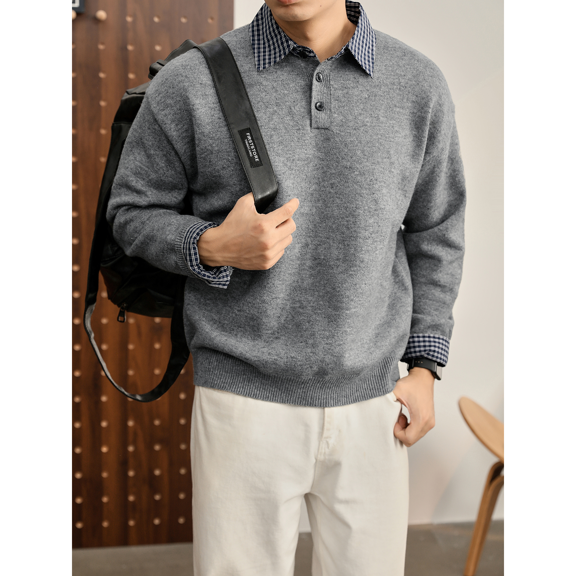 LUUD 假两件格纹拼接羊毛混纺针织衫男士儒雅复古长袖毛衣POLO衫