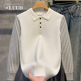 翻领套头毛衣男 英伦风拼料修身 LUUD 轻奢气质拼接条纹休闲针织衫