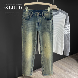 标签设计黄泥染百搭裤 LUUD 猫刮磨破长裤 潮流直筒牛仔裤 子男 美式