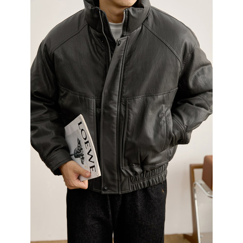 LUUD 工装机能风暗纹肌理感机车皮衣外套男冬90白鸭绒PU皮羽绒服