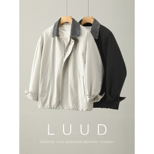 LUUD 外套 复古机车风拼料牛仔翻领夹克男高端轻熟风抗皱休闲工装