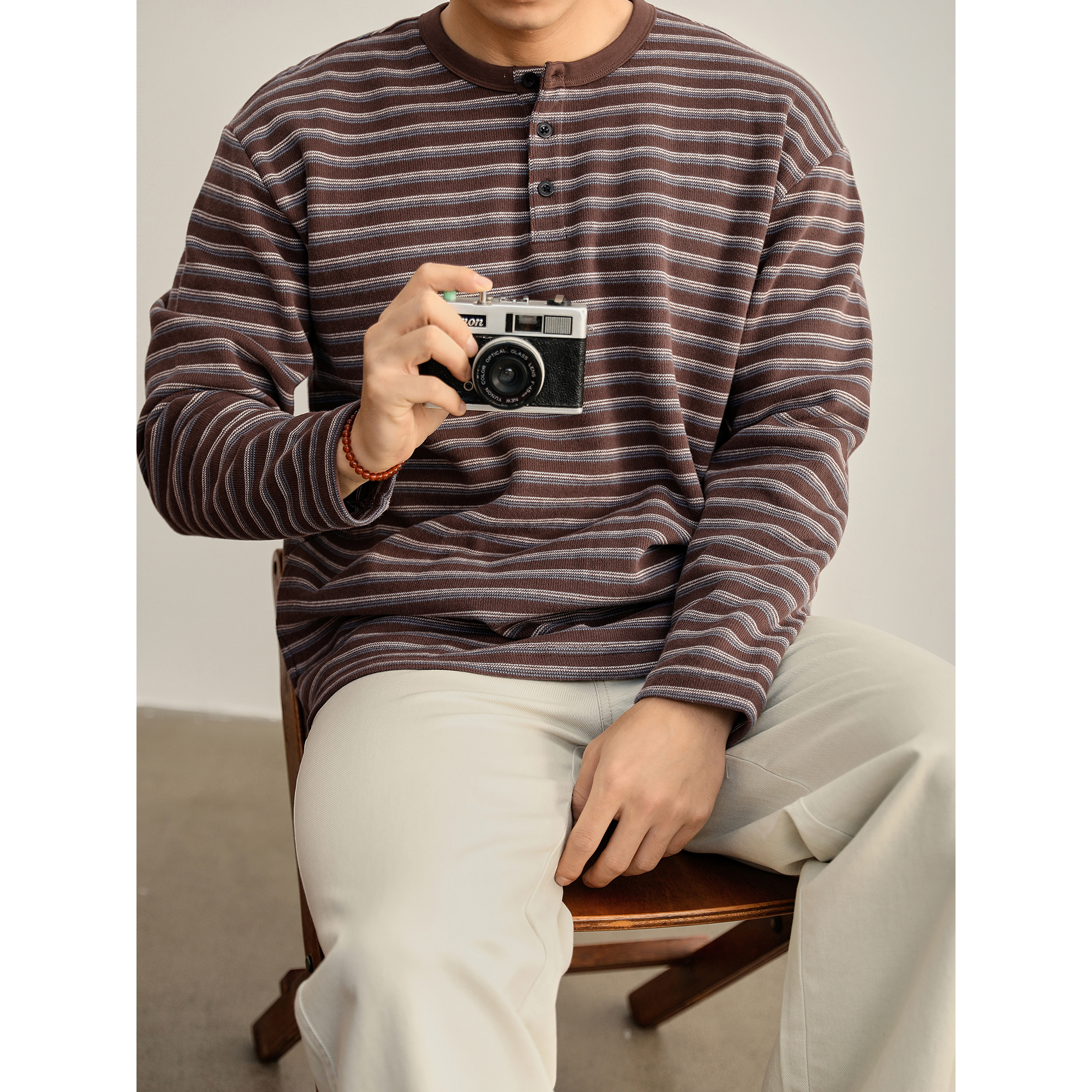 LUUD 复古老钱风男士时尚针织落肩T恤卫衣条纹撞色亨利领长袖上衣