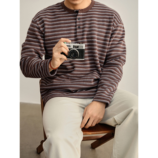 针织落肩T恤卫衣条纹撞色亨利领长袖 时尚 上衣 复古老钱风男士 LUUD