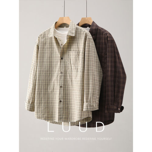 LUUD 100%纯棉水洗工艺长袖衬衫格纹撞色田园风男生翻领寸衣外套