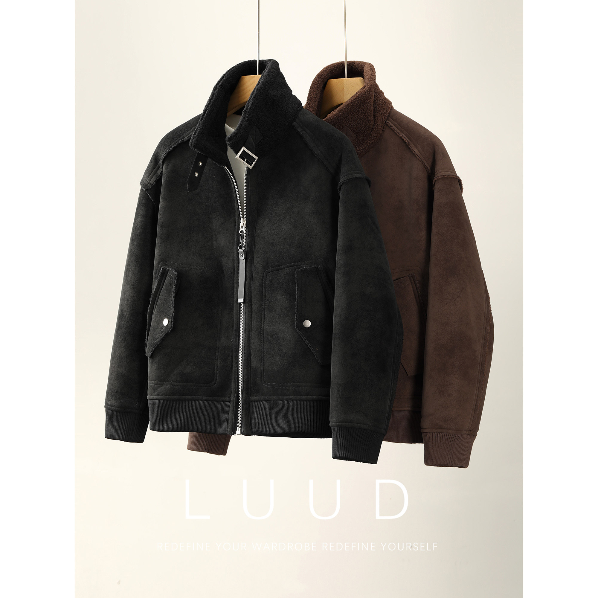 LUUD 可调节领口男士麂皮绒机车夹克冬季内里羊羔绒皮毛一体外套