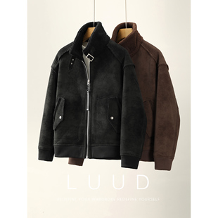 内里羊羔绒皮毛一体外套 麂皮绒机车夹克冬季 LUUD 可调节领口男士