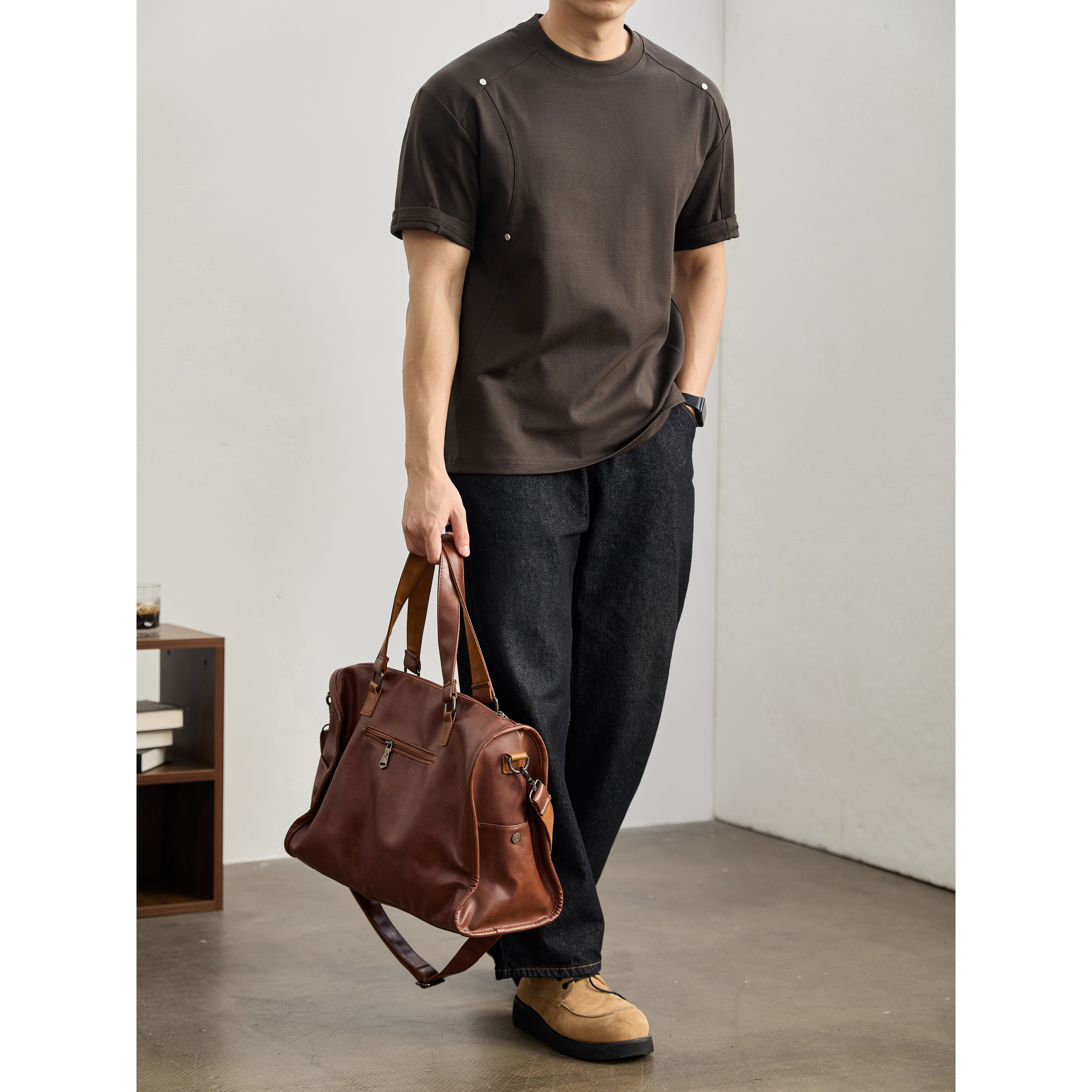 LUUD 复古潮流男士圆领T恤男款夏季解构分割金属铆钉设计短袖上衣