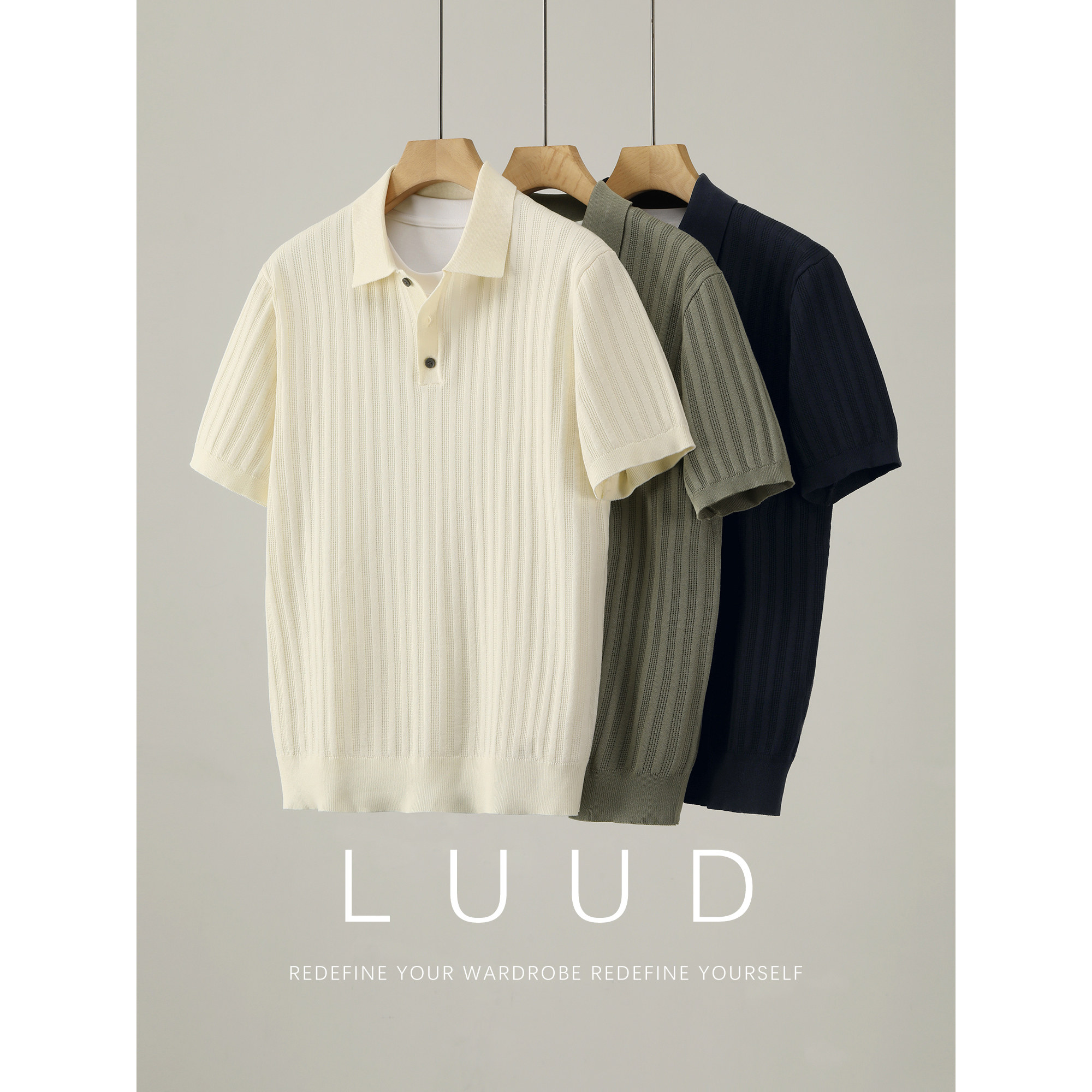 LUUD 坑条提花肌理针织POLO衫短袖男夏季简约轻奢舒适透气T恤上衣