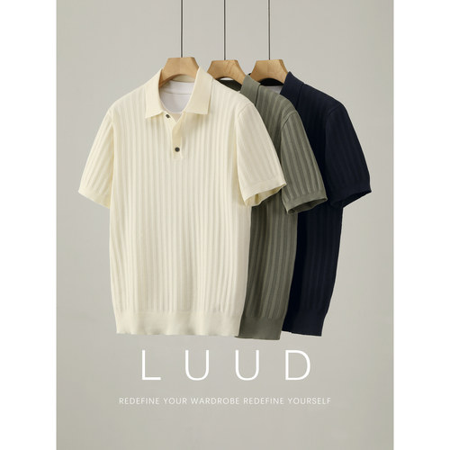 LUUD 坑条提花肌理针织POLO衫短袖男夏季简约轻奢舒适透气T恤上衣