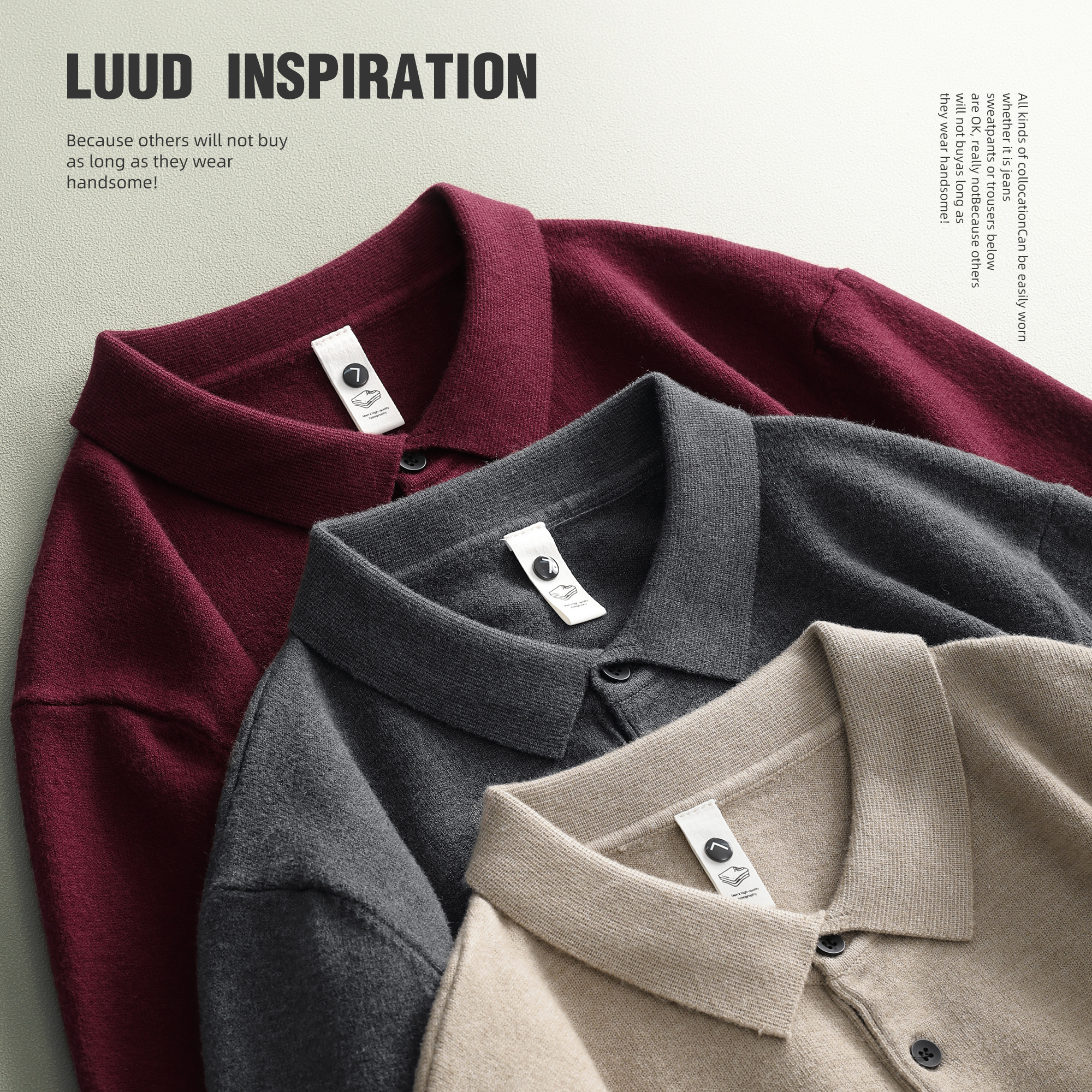 LUUD 软糯保暖绵羊毛男针织衫修身长袖纯色毛衫磨毛翻领上衣冬款